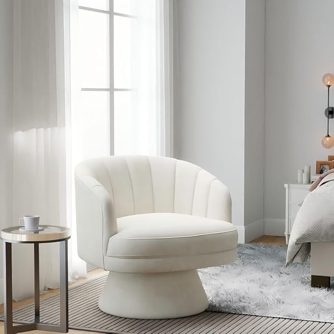 Swivel Accent ChairUpholstered Velvet 360° Swivel Barrel Chair for Living Room Overstuffed Bouncle Reading Chair Round Armchair for BedroomVanityOffice (Beige)