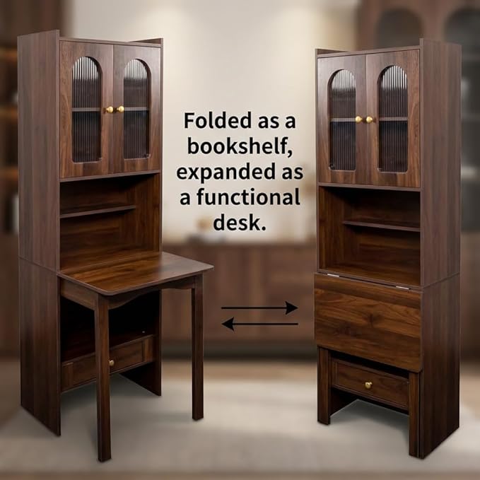 Fold Out Desk with Storage Hidden Desk Craft Storage Cabinet - Space Saving Fold Out Table with Drawer &amp Shelves 5-in-1 Multi-Functional Workstation for Home Office Living Room Bedroom (Walnut)