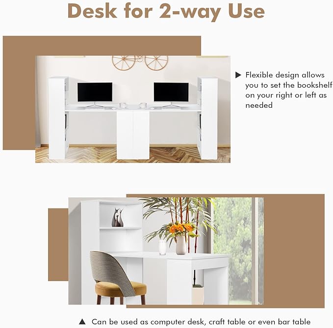 COSTWAY White Computer Desk with Shelves 48” Study Writing Desk with 6-Tier Storage Shelves Reversible Study Workstation w/Wide Base for Home Office &amp Dorm Easy Assembly
