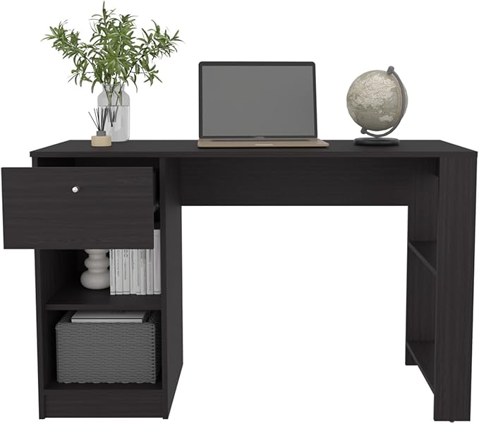 120-Home 47 Wide Desk with Four Shelves and One Drawer - Writing Desk for Home Office and Living Room Black