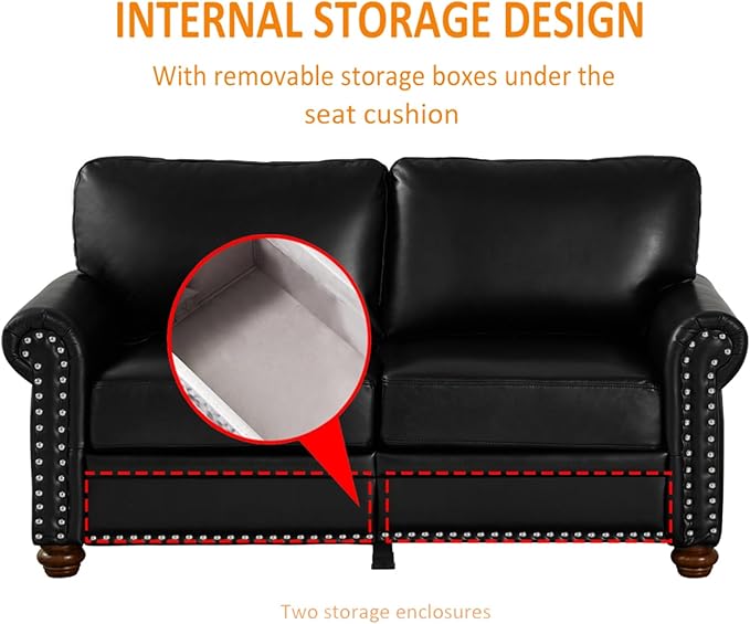 KEIKI 59.45 Chesterfield Sofa Retro Style Upholstered Faux Leather PU Couch with Storage Space Rolled Arm Nailhead for Living Room Bedroom Office Apartment Black