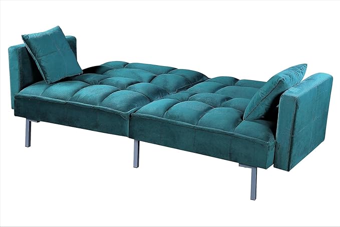 Regal 75.6 Velvet Convertible Sofa Bed - Mid-Century Sleeper Couch w/Tufted Design &amp Metal Legs - Pull-Out Futon for Guests/Home (75.6 W x 34.6 D x 32 H) Blue
