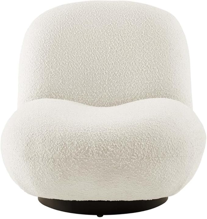 Pemberly Row Modern Boucle Fabric Swivel Accent Chair Ivory and Black Finish 30 H x 31 W x 36 D Foam Padding and Webbed Support Matte Black Iron Base Living Room or Office Seating