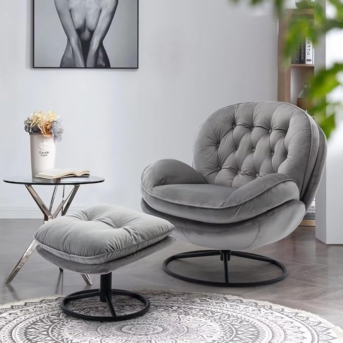 Velvet Swivel Accent Chair with Ottoman Modern Lounge Chair with Metal Base Frame &amp Footrest Comfortable Leisure Single Sofa Chair Reading Chair with 360 Degree Swiveling for Living Room Gray