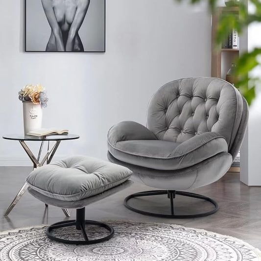 Velvet Swivel Accent Chair with Ottoman Modern Lounge Chair with Metal Base Frame &amp Footrest Comfortable Leisure Single Sofa Chair Reading Chair with 360 Degree Swiveling for Living Room Gray