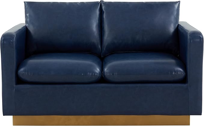 LeisureMod Nervo Modern Upholstered Leather Loveseat Sofa 2-Seater Living Room Couch with Gold Metal Base and Removable Cushions Small Space Furniture for Living Room Office Navy Blue