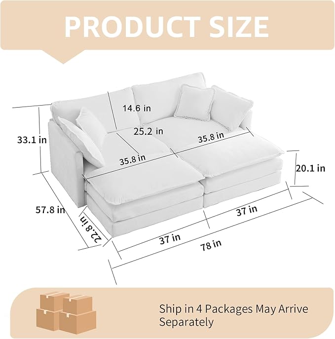 76.7 Beige Modern Sectional Couches for Living Room Chenille Loveseat U Shaped Modular Sectional Sofa Oversized 2 Seater Cloud Love Seat Couches with 2 Ottomans Deep Seat Sofas Set Sofa para Sala
