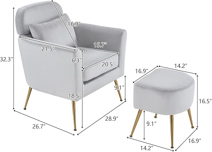 Accent Chair Light Gray Chair with Ottoman Comfy ArmChair Footrest Set Comfortable Living Room Chairs Club Tub Sofa Chair for Reading Room Lazy Chair with Ottoman Accent Lounge Chair with Footstool
