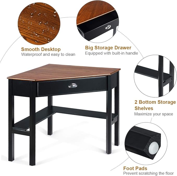POWERSTONE Corner Desk with Drawer &amp Storage Shelves Small Triangle Writing Table Computer Desk Corner Vanity for Home Office Small Space