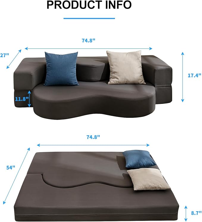 PUREMIND 77'' Folding Sofa Bed Full Convertible Floor Sofa Bed with Foam Filling 2-in-1 Fold Out Floor Sleeper Sofa Couch Leathaire Fabrics Lazy Floor Couch for Living Room Bedroom Guest Room
