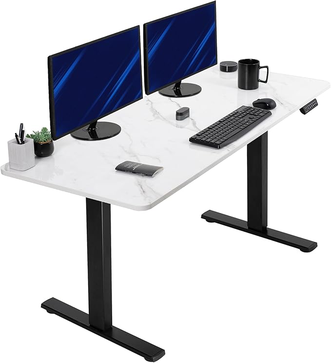 VIVO Electric Dry Erase 60 x 24 in Standing Desk Memory Height Adjustment 1B Series Holds 220 lbs White Marble Pattern Top Black Frame DESK-KIT-1B6WM
