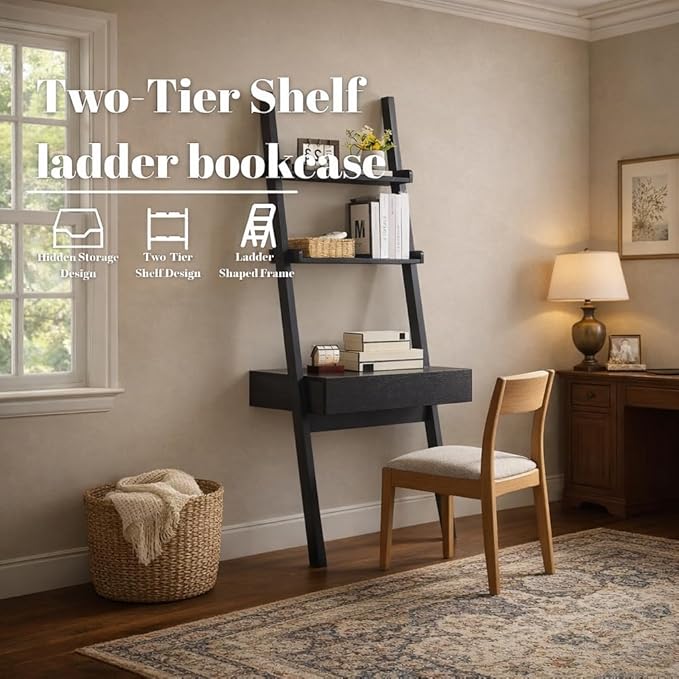 Home Office Desk with Ladder Shelf &amp Drawer Computer Writing Desk with Storage Shelves Modern Small Desk for Bedroom Study