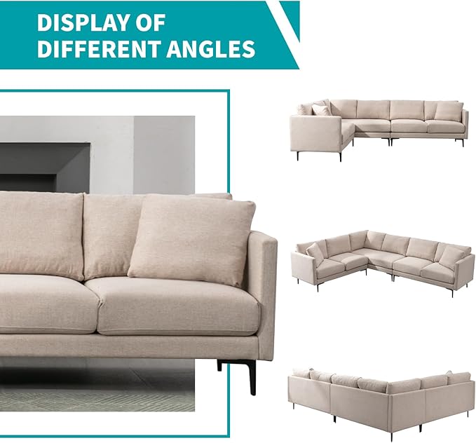 BALUS 107 Width Sectional L Shaped Sofa Couch Set for Living Room Convertible Oversized 5-Seat Corner Sofa Sets with 2 Pillows Modern Linen Sofas with Metal Legs for Living Room Apartment - Beige
