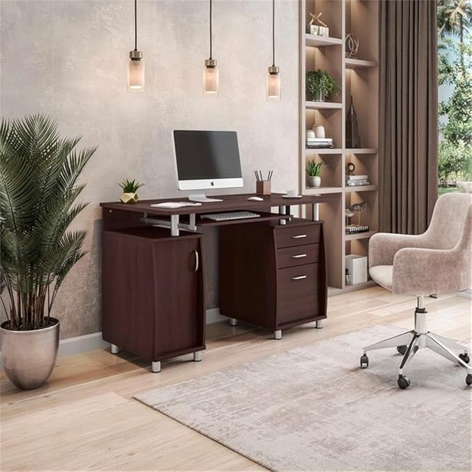 Scranton &amp Co Transitional Wood Computer Office Desk 48 W x 24 D x 30 H Chocolate Finish MDF Construction Built-in Storage CPU Stand Compartment Home Office Desk for Work or Study