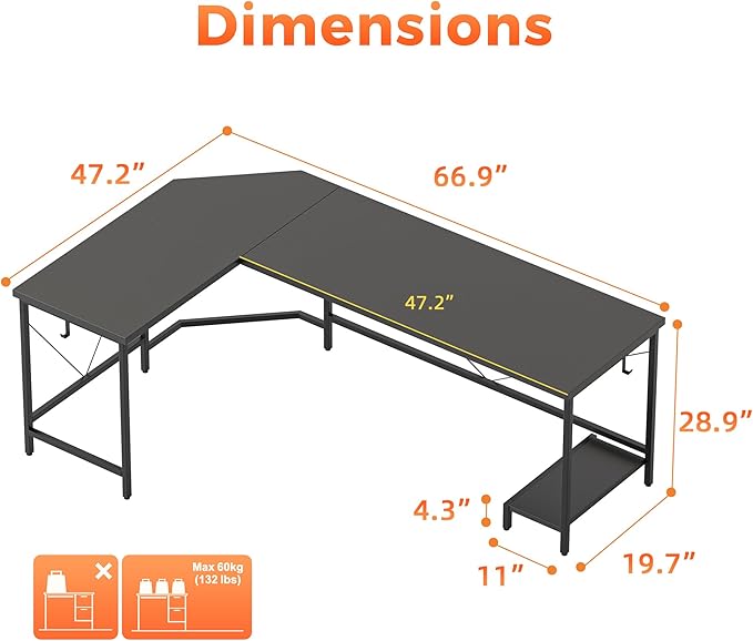 Mericonia 66 inch Large L Shaped Desk Simple Corner Gaming Desk with CPU Stand &amp Hooks Computer Desk for Home Bedroom &amp Office Workspace Black