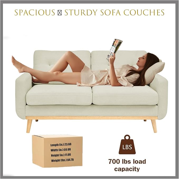 67 Gray Loveseat Sofa Mid Century Modern Love Seat Sofas and Comfy Corduroy Couches for Living Room Button Tufted Small Cloud Couch for Bedroom Office Apartment Small Space Easy Assembly (Cream)