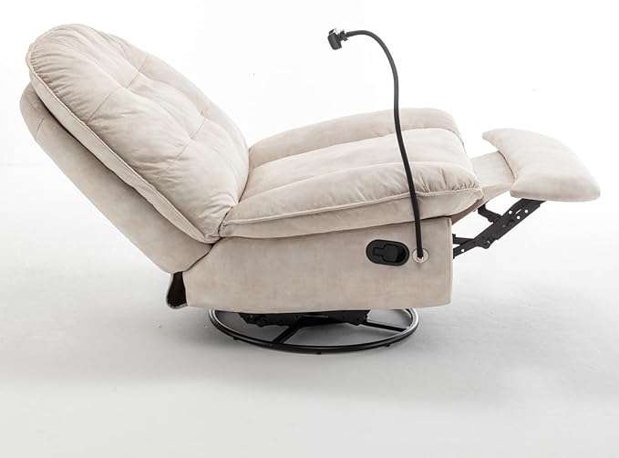 Swivel Rocker Recliner Chair for Adult Oversized Armless Recliner with Phone Holder Comfy Swivel Glider Recliner Velvet Reading Chair for Living Room (Ivory)