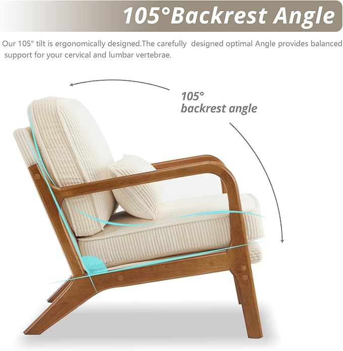 Karl home Mid-Century Modern Accent Chair Living Room Chairs with Pillow Corduroy Upholstered Lounge Armchair with Solid Wood Frame &amp Soft Cushion for Bedroom Reading Room Beige