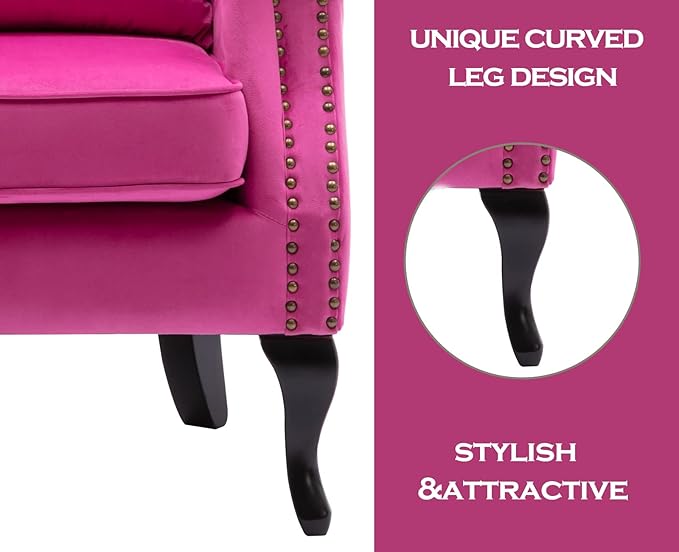 Kmax Velvet Tufted Accent Chair Mid Century Throne Chair Comfy Sofa Chair Padded Seating WingBack Unique Wood Legs Home Club Bedroom Living Room Rose