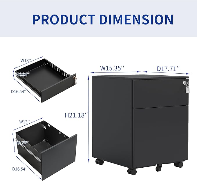 Black Mobile File Cabinet with Lock 2 Drawers 5 Wheels Rectangular Steel Portable Filing Cabinet Traditional for Office Study Room