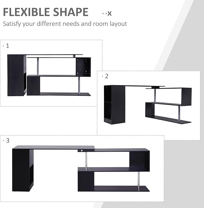 HOMCOM 55 360° Rotating Corner Computer Desk Modern L-Shaped Home Office Workstation with 3-Tier Storage Shelves Bookshelf Black