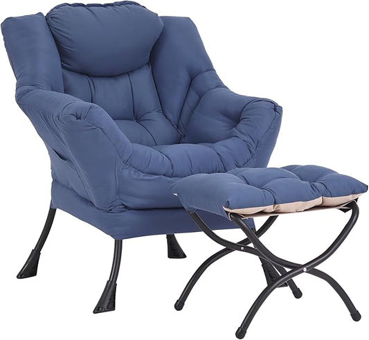 Lazy Chair and Ottoman Peach Blue Large Accent Chair with Side Pocket Modern Leisure Upholstered Sofa Reading Armchair with Footrest for Office Bedroom Living Room Dorm Rooms Balcony