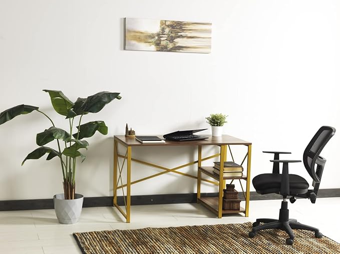 Morello Gold Metal e 47 Wooden Top 2 Shelves Writing and Computer Desk for Home Office White