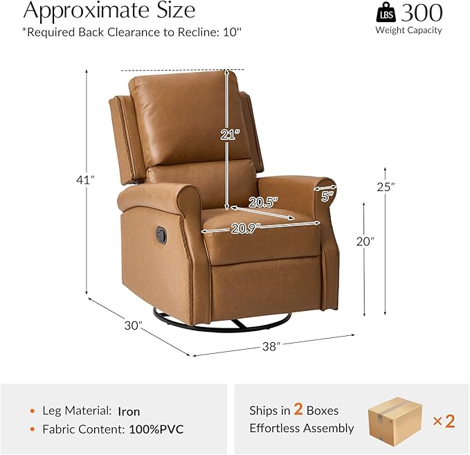 HULALA HOME Faux Leather Swivel Rocker Recliners Set of 2 with Adjustable Backrest and Footrest Push Back Recliner Chairs with Nailhead Trim Swivel Glider Rocking Chairs for Living Room Camel
