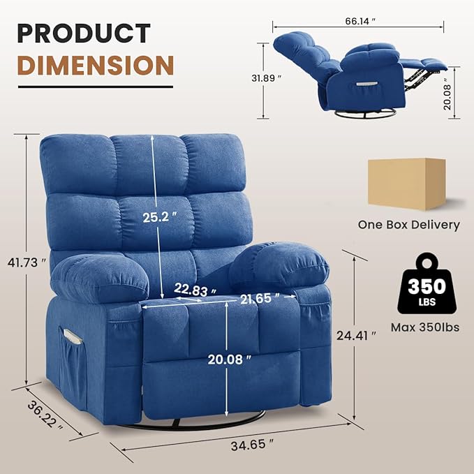 Swivel Rocker Recliner Chair for Adults 360° Upholstered Manual Recliners for Small Spaces Single Seat Glider Reclining Chair with Side Pockets Ergonomic Reading Chair for Living Room RV Bedroom