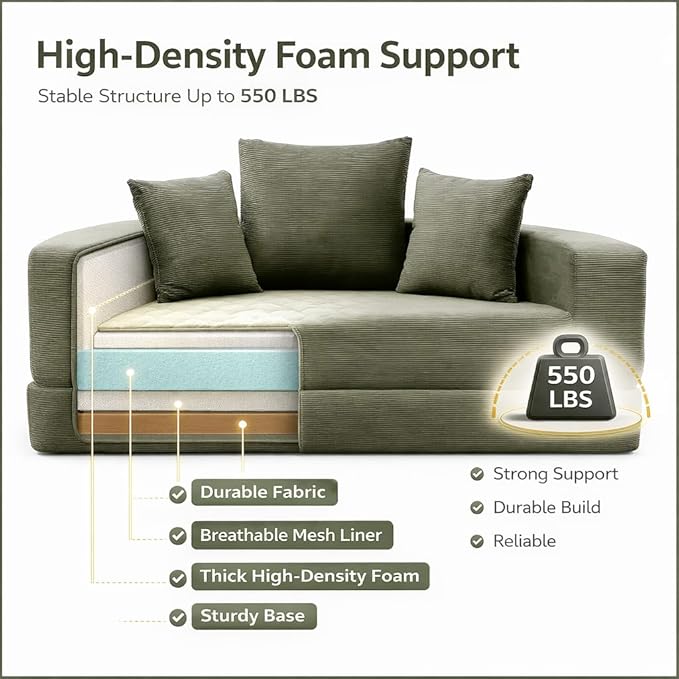 Convertible Round Sofa Bed 67 Corduroy Upholstered Loveseat Sleeper Couch Pull-Out Floor Bed with 3 Pillows No Assembly 550 lbs Weight Capacity(Green)