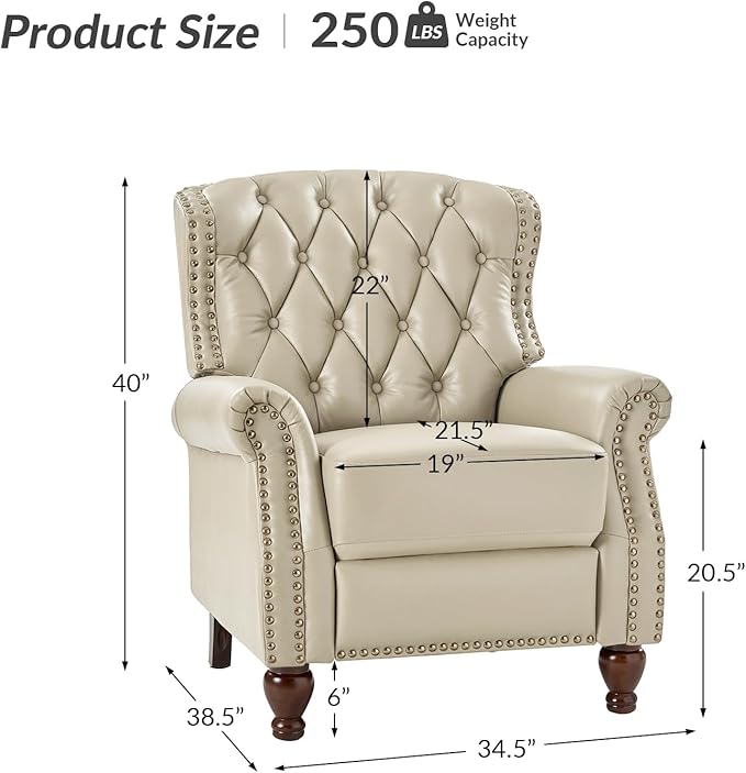 HULALA HOME Genuine Leather Recliner Chair with Solid Wood Feet Modern Adjustable Tufted Push Back Arm Chair w/Rivet Decoration Home Theater Seating Single Reclining Sofa for Living Room Beige