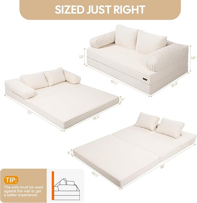 MeMoreCool Convertible Sofa Bed Folding Floor Couch Bed Queen Pull Out Sleeper Couch with Pillows Fold Out Futon Sofa for Bedroom Living Room Small Space Corduroy Beige