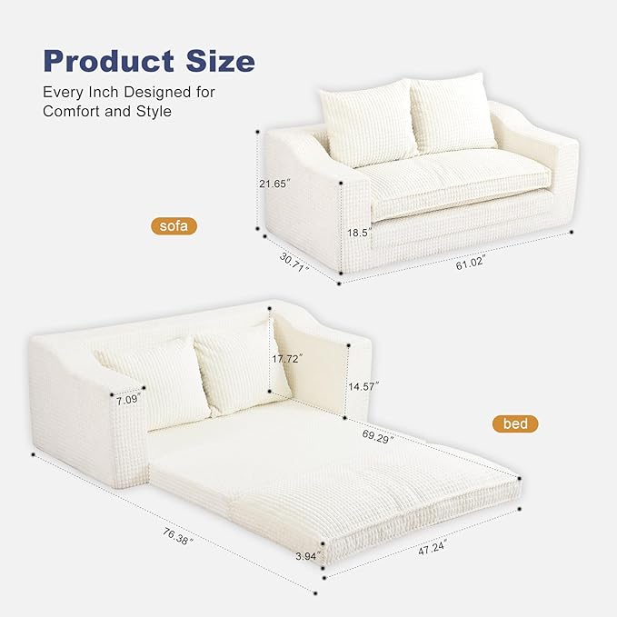 Loveseat Oversized Folding Sofa Bed Convertible Sleeper Chair Bed with Pillows &amp Wide Armrest Comfortable Floor Couch for Living Room &amp Bedroom(White) | Foldable