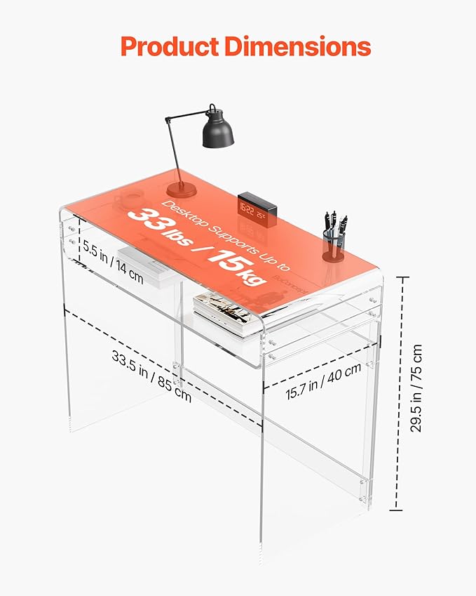 VEVOR Acrylic Desk Clear Laptop Study Desk with Storage Shelf Modern Transparent Console Table for Home Office Living Room Bedroom Entryway 33.5 W x 15.7 D x 29.5 H