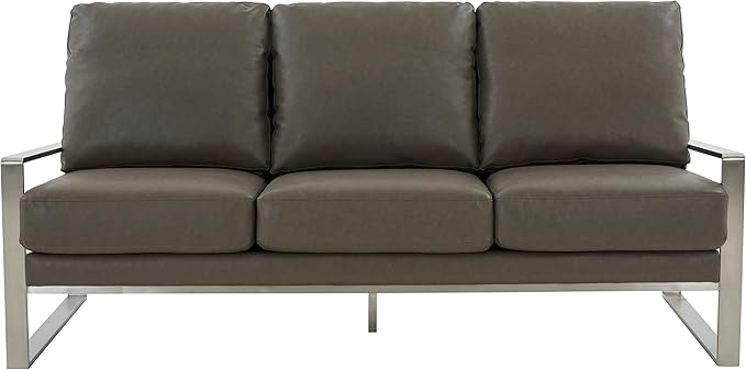 LeisureMod Jefferson Modern Leather 3-Seater Sofa with Silver Frame – Luxury Contemporary Living Room Couch Plush Upholstered Mid-Century Style Comfortable Lounge Seating (Grey) | MODERN SLED BASE