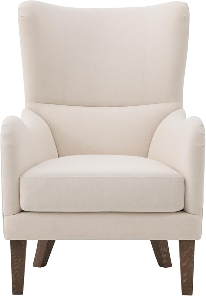 Mid-Century Modern Wingback Club Chair Fabric Living Room High-Back Accent Chair Classic Armchair for Apartment Office Studio Beige
