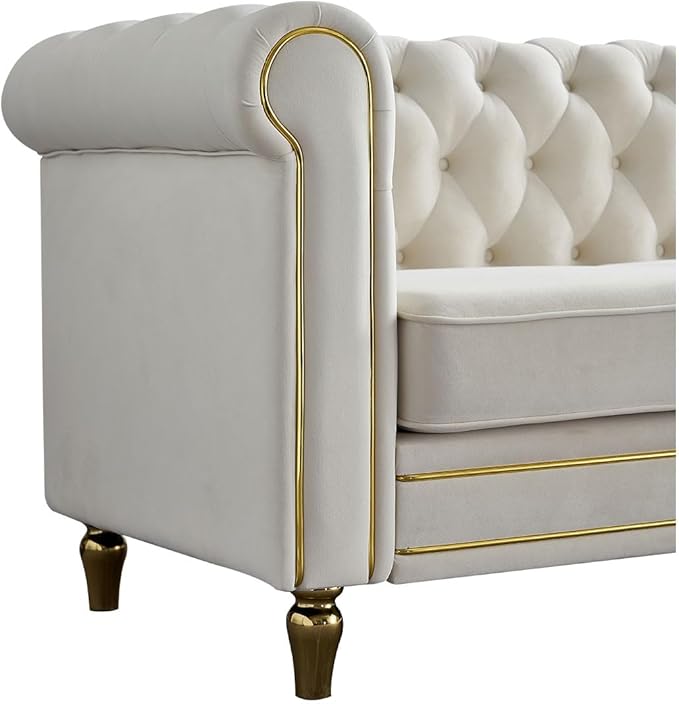 3 Seater Chesterfield Button Tufted Velvet Sofa Wide Upholstered Couch with Rolled Arms Removable Cushions Metal Legs for Living Room Office Apartment (Beige)
