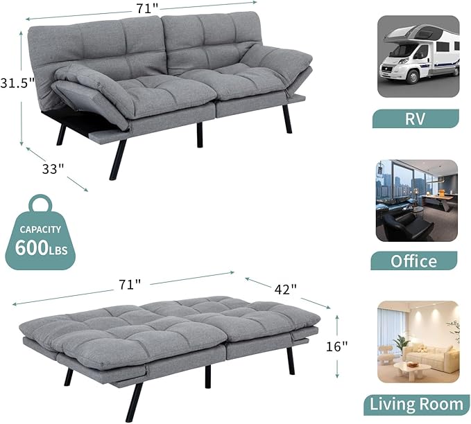 MUUEGM 71 Futon Sofa Bed with Memory FoamFuton Couch with Adjust Backrest and Armrest Couches Bed for Living RoomStudios Apartments Dormitories Offices and Game Rooms. Light Grey Sofa Bed