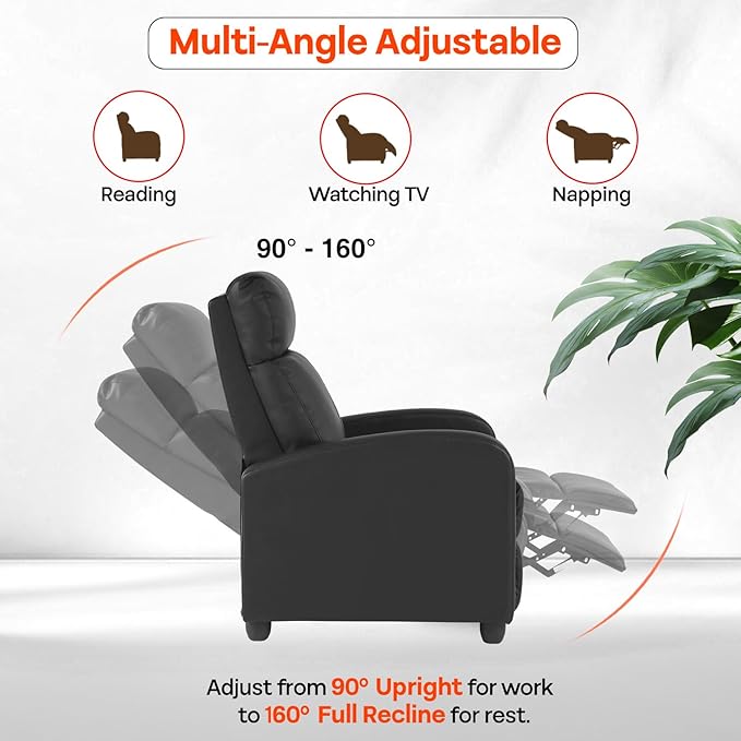 Recliner Chair PU Leather Massage Single Sofa Home Theater Seating Breathable Padded Reading Sofa with Footrest for Bedroom Living RoomBlack