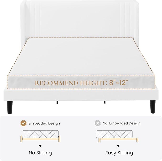 SHA CERLIN King Size Velvet Upholstered Platform Bed Frame with Vertical Channel Tufted Wingback Headboard Wooden Slats Support Easy Assembly Under Bed Storage No Box Spring Required White