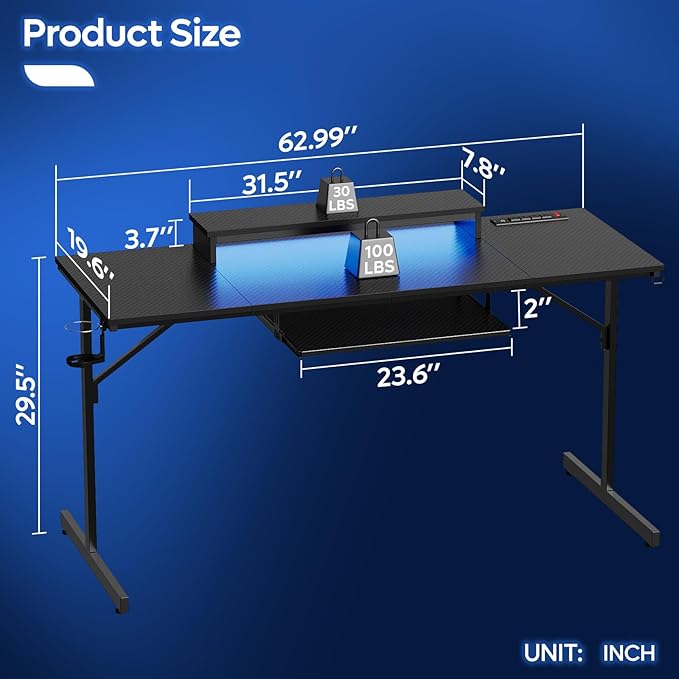 Bestier 63 Inch Gaming Desk with Power Outlets &amp LED Lights Large Computer Desk with Monitor Stand &amp Keyboard Tray Home Office Table with Cup Holder &amp Headset Hook Carbon Fiber Black