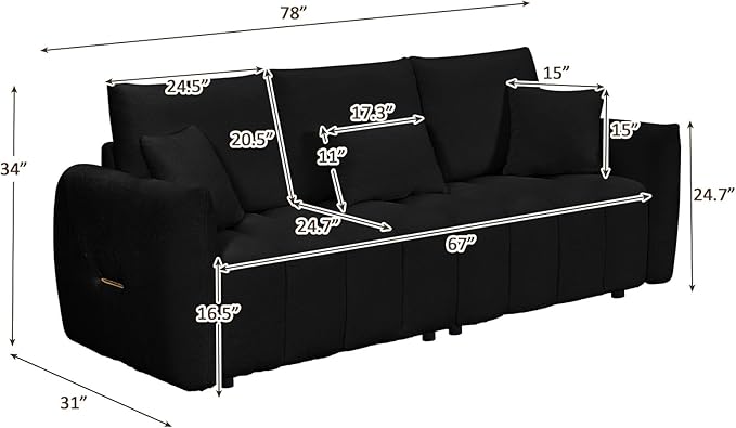 78 Cloud Couch Sofa for Living Room Comfy Plush Teddy Sectional 3-Seater Couches with Pillows and Back Cushions Cozy Modern Deep Seat Oversized Sofa for Bedroom Apartment Black