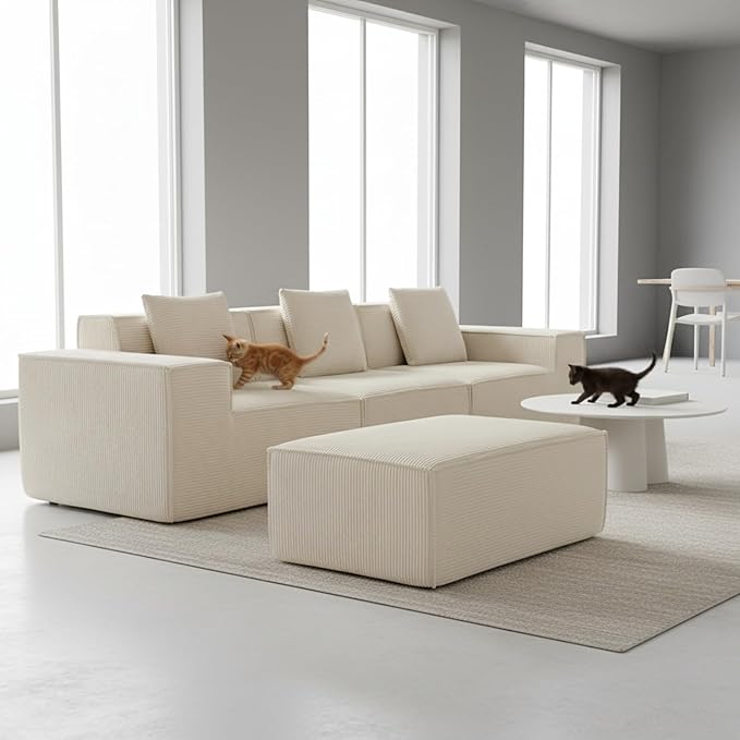 Rowan Convertible Corduroy Sectional Couch with Ottoman &amp Pillows Modular L Shaped Sleeper Sofa Boneless Cloud Couch for Living Room Furniture Beige