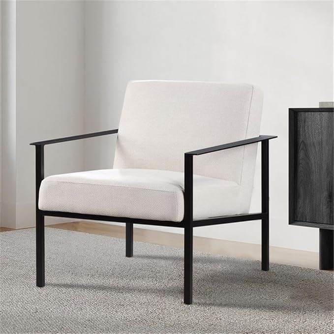 Pemberly Row Accent Chair 28.5 W x 31.75 D x 31 H Black Powder Coated Metal Frame Polyester Oatmeal Cream Upholstery Modern Architectural Design with Floor Glides for Living Room or Office Use