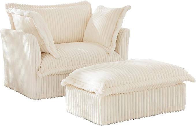 49''W Corduroy Chaise Lounge Chair Indoor Oversized Upholstered Sleeper Sofa with Movable Ottoman and 2 Pillows Removable Sofa Cover for Living Room Home Theater Apartment(Beige)