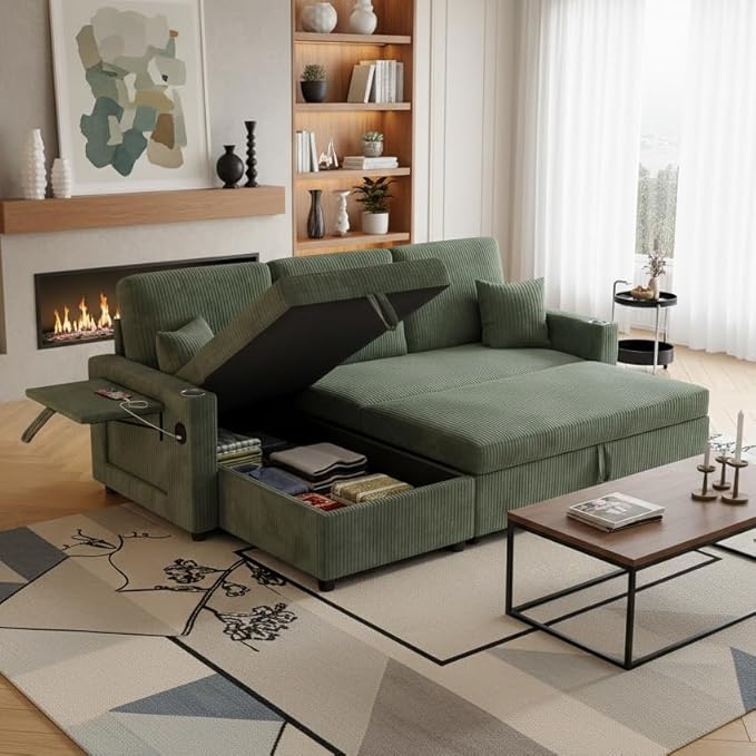83 Sleeper Sectional Sofa Comfy Convertible Sofa Bed with Pull Out Couches Small Desktop Corduroy L Shaped Couch with Reversible Storage Chaise &amp USB for Living Room Apartment Green