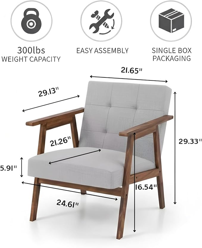 TARSHYRY Mid Modern Accent Chair Linen Upholstered Armchair with Rubber Wood Frame and Soft Cushion Comfortable Lounge Chair for Living Room Bedroom Balcony (Light Grey)