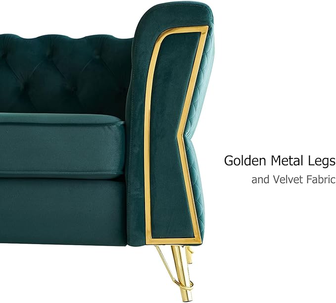 Modern Velvet Sofa Couch for Living Room 87.4 Inch Long Tufted Unique Upholstered Couch Oversized Sofa Decor Furniture with Golden Metal Legs (Green)