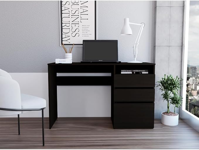 Kenai 3 Drawers Computer Desk Black Compact Storage Spacious Work Surface Modern Home Office