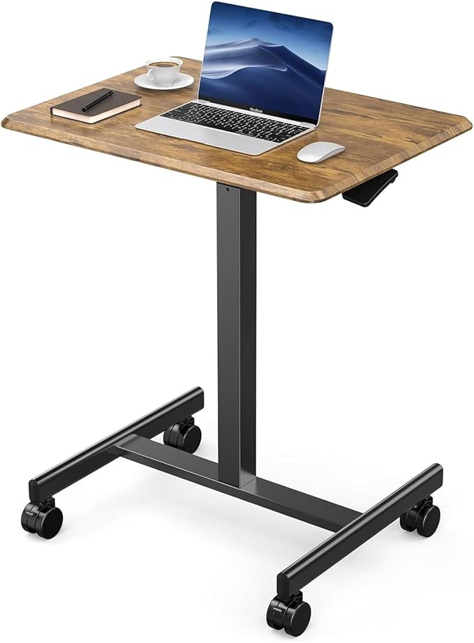 DUMOS Small Standing Desk Mobile Portable Rolling Laptop PC Table on Wheels Adjustable Height Computer Workstation for Home Office 19 Inch Brown